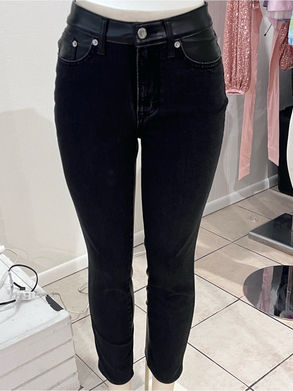 Universal Thread Black Skinny Jeans with Faux-Leather Waistband